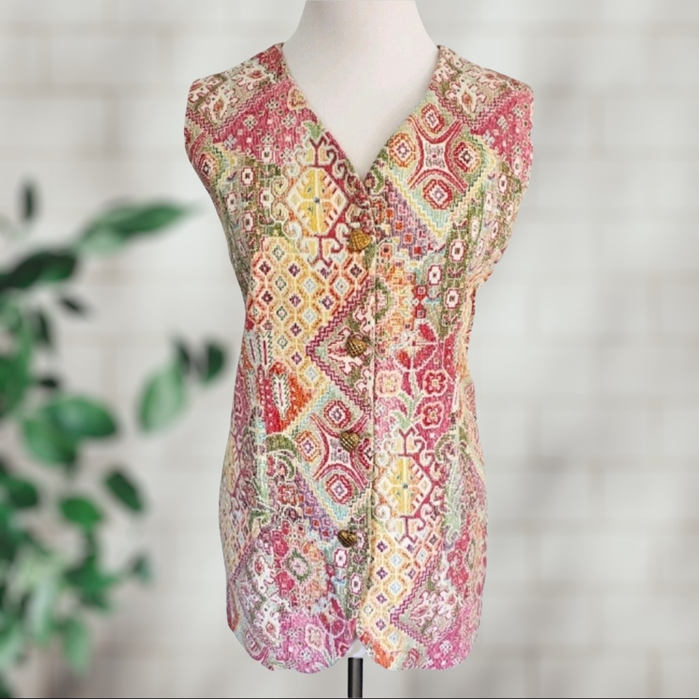 Vintage Handmade Y2K 90s Tunic Length Pink Mixed Print Vest with Heart Buttons L